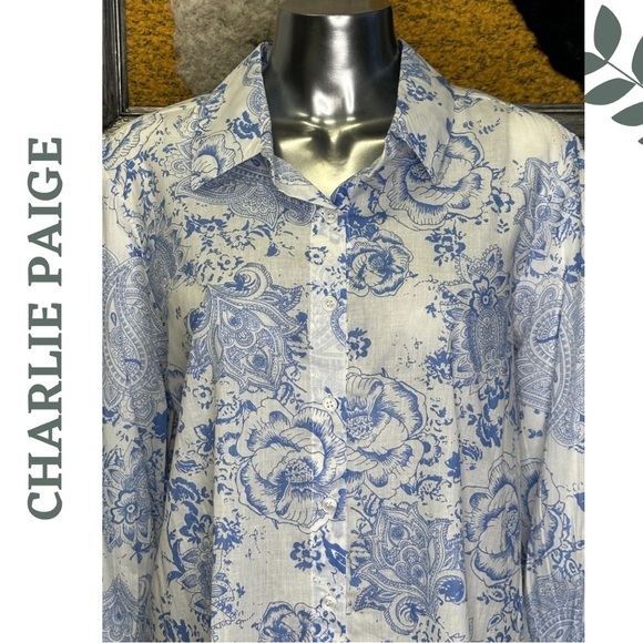 Charlie B Floral Print Long Sleeve Button Front Collared Blouse White Blue Boho - Picture 5 of 5